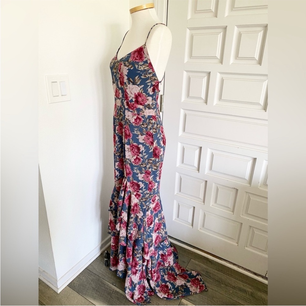 Long Maxi Mermaid Style Dress Blue Pink Floral Corset Lace Up Ruffles - Picture 8 of 15